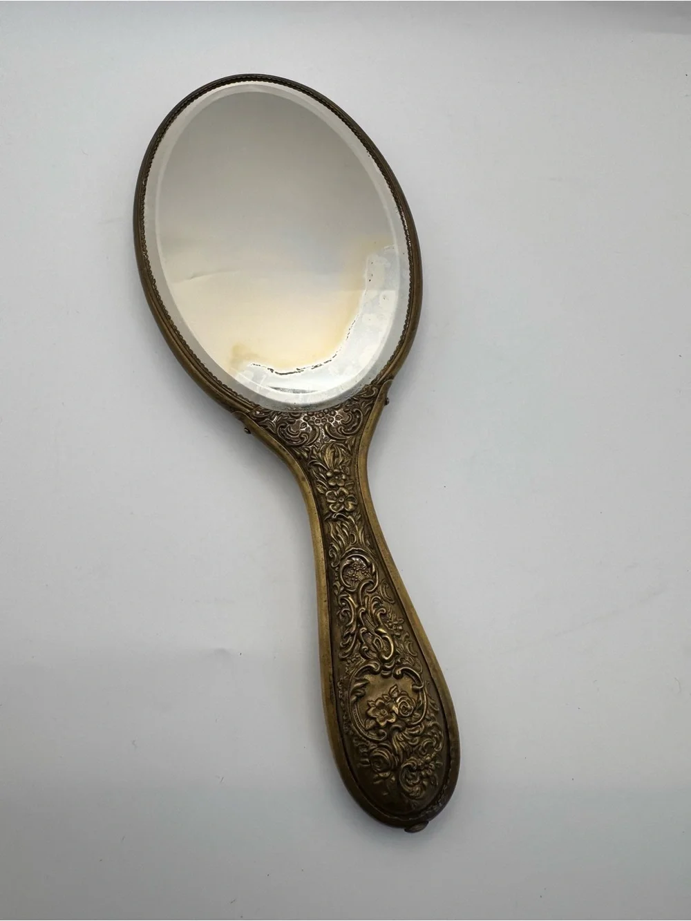 Vintage Porcelain Hand Painted Floral Brass Victorian Beveled Glass Hand Mirror